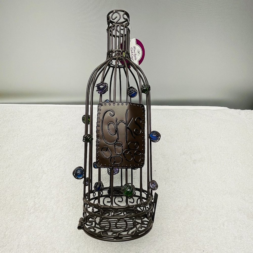 NWT Wine Bottle Cork Cage, Epic Brand, Metal, Glass Beads, 14" T x 4 1/4" D